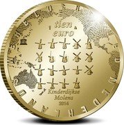 Netherlands 10 Euro Willem-Alexander 2014 Proof KM# 360 TIEN EURO KINDERDIJSKE MOLENS 2014 NEDERLANDS WERELDERFGOED coin reverse Netherlands 10 Euro Willem-Alexander 2014 Proof KM# 360 TIEN EURO KINDERDIJSKE MOLENS 2014 NEDERLANDS WERELDERFGOED coin reverse