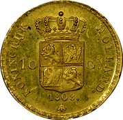 Netherlands 10 Guldens Louis Napoleon 1808 KM# 33 KONINGRIJK HOLLAND. 10 G. N 1808 coin reverse Netherlands 10 Guldens Louis Napoleon 1808 KM# 33 KONINGRIJK HOLLAND. 10 G. N 1808 coin reverse