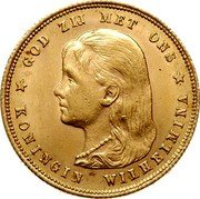 Netherlands 10 Guldens Wilhelmina I 1897 Halberd pearls free from edge KM# 118 GOD ZIJ MET ONS KONINGIN WILHELMINA coin obverse Netherlands 10 Guldens Wilhelmina I 1897 Halberd pearls free from edge KM# 118 GOD ZIJ MET ONS KONINGIN WILHELMINA coin obverse