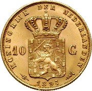 Netherlands 10 Guldens Wilhelmina I 1897 Halberd pearls free from edge KM# 118 KONINGRIJK DER NEDERLANDEN 10 G 1897 coin reverse Netherlands 10 Guldens Wilhelmina I 1897 Halberd pearls free from edge KM# 118 KONINGRIJK DER NEDERLANDEN 10 G 1897 coin reverse