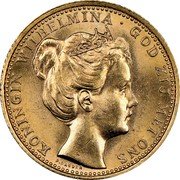 Netherlands 10 Guldens Wilhelmina I 1898 P Pander KM# 124 KONINGIN WILHELMINA GOD ZIJ MET ONS coin obverse Netherlands 10 Guldens Wilhelmina I 1898 P Pander KM# 124 KONINGIN WILHELMINA GOD ZIJ MET ONS coin obverse
