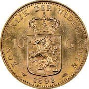 Netherlands 10 Guldens Wilhelmina I 1898 P Pander KM# 124 KONINGRIJK DER NEDERLANDEN 10 G 1898 coin reverse Netherlands 10 Guldens Wilhelmina I 1898 P Pander KM# 124 KONINGRIJK DER NEDERLANDEN 10 G 1898 coin reverse