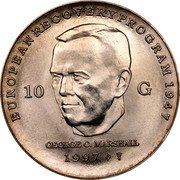 Netherlands 10 Guldens 50th Anniversary of Marshall Plan 1997 55,000 pieces melted KM# 224 EUROPEAN RECOVERY PROGRAM 1947 10 G GEORGE C. MARSHALL 1997 coin reverse
