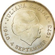 Netherlands 10 Guldens 25th Juliana Anniversary of Reign 1973 Proof KM# 196 JULIANA REGINA 1948 4 SEPTEMBER 1973 coin obverse Netherlands 10 Guldens 25th Juliana Anniversary of Reign 1973 Proof KM# 196 JULIANA REGINA 1948 4 SEPTEMBER 1973 coin obverse