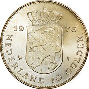 Netherlands 10 Guldens 25th Juliana Anniversary of Reign 1973 Proof KM# 196 19 73 NEDERLAND 10 GULDEN coin reverse Netherlands 10 Guldens 25th Juliana Anniversary of Reign 1973 Proof KM# 196 19 73 NEDERLAND 10 GULDEN coin reverse