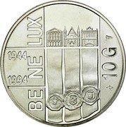 Netherlands 10 Guldens 50 Years of Be Ne Lux Treaty 1994 Proof. 25,000 pieces issued in sets only KM# 216 BE NE LUX 1944-1994 10 G coin reverse Netherlands 10 Guldens 50 Years of Be Ne Lux Treaty 1994 Proof. 25,000 pieces issued in sets only KM# 216 BE NE LUX 1944-1994 10 G coin reverse
