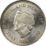 Netherlands 10 Guldens 25 years End of World War II ND KM# 195 NEDERLAND HERRIJST 1945 10 G 1970 coin reverse Netherlands 10 Guldens 25 years End of World War II ND KM# 195 NEDERLAND HERRIJST 1945 10 G 1970 coin reverse