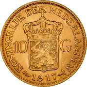 Netherlands 10 Guldens Wilhelmina I 1917 KM# 149 KONINGRIJK DER NEDERLANDEN 10 G 1917 coin reverse Netherlands 10 Guldens Wilhelmina I 1917 KM# 149 KONINGRIJK DER NEDERLANDEN 10 G 1917 coin reverse