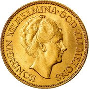 Netherlands 10 Guldens Wilhelmina I 1925 Proof KM# 162 KONINGIN WILHELMINA GOD ZIJ MET ONS coin obverse Netherlands 10 Guldens Wilhelmina I 1925 Proof KM# 162 KONINGIN WILHELMINA GOD ZIJ MET ONS coin obverse