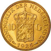Netherlands 10 Guldens Wilhelmina I 1925 Proof KM# 162 KONINGRIJK DER NEDERRLANDEN 10 G 1926 coin reverse Netherlands 10 Guldens Wilhelmina I 1925 Proof KM# 162 KONINGRIJK DER NEDERRLANDEN 10 G 1926 coin reverse