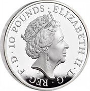 UK 10 Pounds (Seymour Panther) ELIZABETH II D G REG FID DEF 10 POUNDS JC coin obverse UK 10 Pounds (Seymour Panther) ELIZABETH II D G REG FID DEF 10 POUNDS JC coin obverse