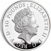 UK 10 Pounds Year of the Tiger 2022 Proof, released in 2021 ELIZABETH II D G REG F D 10 POUNDS JC coin obverse UK 10 Pounds Year of the Tiger 2022 Proof, released in 2021 ELIZABETH II D G REG F D 10 POUNDS JC coin obverse