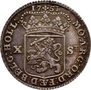 Netherlands 10 Stuivers (1/2 Gulden) Standing Figure 1751 KM# 95 MO ARG ORD FAED BELG HOLL X ST 1749 coin obverse Netherlands 10 Stuivers (1/2 Gulden) Standing Figure 1751 KM# 95 MO ARG ORD FAED BELG HOLL X ST 1749 coin obverse