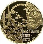 Netherlands 100 Euro (100th year anniversary artist Maurits Cornelis Escher) X# 154 M C ESCHER 1898 1972 coin reverse