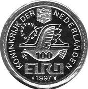 Netherlands 100 Euro (450th Anniversary of Statesman Johan van Oldenbarnevelt) X# 142 KONINKRIJK DER NEDERLANDEN 100 EURO 1997 coin obverse