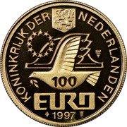 Netherlands 100 Euro Pieter Cornelisz Hooft 1997B Proof X# 136 KONINKRIJK DER NEDERLANDEN 100 EURO 1997 coin obverse