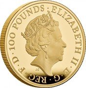 UK 100 Pounds (Seymour Panther) ELIZABETH II D G REG FID DEF 100 POUNDS JC coin obverse UK 100 Pounds (Seymour Panther) ELIZABETH II D G REG FID DEF 100 POUNDS JC coin obverse