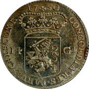Netherlands 14 Guldens Gouden rijder 1750 KM# 97 CONCORDIA RES PARVAE CRESCUNT 17 50 14 GL coin reverse Netherlands 14 Guldens Gouden rijder 1750 KM# 97 CONCORDIA RES PARVAE CRESCUNT 17 50 14 GL coin reverse