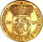 Netherlands 14 Guldens Gouden rijder 1751 KM# 104 CONCORDIA RES PARVAE CRESCUNT 17 51 14 GL. coin reverse Netherlands 14 Guldens Gouden rijder 1751 KM# 104 CONCORDIA RES PARVAE CRESCUNT 17 51 14 GL. coin reverse