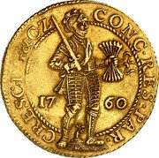 Netherlands 2 Ducats Standing Armored Knight Gelderland 1760 Knotted tree between legs KM# 90 CONCORDIA RES PA R CRESCVNT 16 56 coin obverse Netherlands 2 Ducats Standing Armored Knight Gelderland 1760 Knotted tree between legs KM# 90 CONCORDIA RES PA R CRESCVNT 16 56 coin obverse