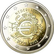 Netherlands 2 Euro 10 years of cash 2012 Proof KM# 315 NEDERLAND A.H. € 2002 2012 coin obverse Netherlands 2 Euro 10 years of cash 2012 Proof KM# 315 NEDERLAND A.H. € 2002 2012 coin obverse