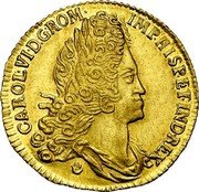 Netherlands 2 Souverains D'or Carlos VI 1726 Hand KM# 137 CAROL VI D G ROM IMP HISP ET IND REX coin obverse Netherlands 2 Souverains D'or Carlos VI 1726 Hand KM# 137 CAROL VI D G ROM IMP HISP ET IND REX coin obverse