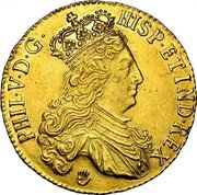 Netherlands 2 Souverains D'or Philip V 1705 Hand KM# 132 PHIL V D G HISP ET IND REX coin obverse Netherlands 2 Souverains D'or Philip V 1705 Hand KM# 132 PHIL V D G HISP ET IND REX coin obverse