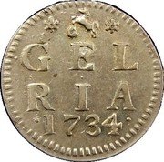 Netherlands 2 Stuivers Crowned Lion Gelderland Province 1734 Horse on mountain KM# 26.5 GEL RIA 1734 coin reverse