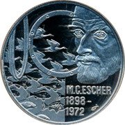 Netherlands 20 euro (100th Anniversary birthdate M.C. Escher.) X# 152 M C ESCHER 1898 1972 coin obverse Netherlands 20 euro (100th Anniversary birthdate M.C. Escher.) X# 152 M C ESCHER 1898 1972 coin obverse
