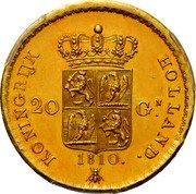 Netherlands 20 Guldens Louis Napoleon 1810 KM# 34 KONINGRIJK HOLLAND 20 G N 1810 coin reverse Netherlands 20 Guldens Louis Napoleon 1810 KM# 34 KONINGRIJK HOLLAND 20 G N 1810 coin reverse