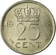 Netherlands 25 Cent Wilhelmina I 1948 KM# 178 19 48 25 CENT coin reverse