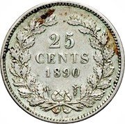 Netherlands 25 Cents William III 1890 Without dot after date KM# 81 WILLEM III KONING DER NED.G.H.V.L I P S coin obverse Netherlands 25 Cents William III 1890 Without dot after date KM# 81 WILLEM III KONING DER NED.G.H.V.L I P S coin obverse