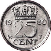 Netherlands 25 Cent Juliana 1980 Proof KM# 183a 25 CENT 1980 coin reverse Netherlands 25 Cent Juliana 1980 Proof KM# 183a 25 CENT 1980 coin reverse