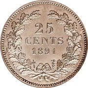 Netherlands 25 Cents Wilhelmina I 1891 Halberd Proof KM# 115 25 CENTS 1892 coin reverse Netherlands 25 Cents Wilhelmina I 1891 Halberd Proof KM# 115 25 CENTS 1892 coin reverse