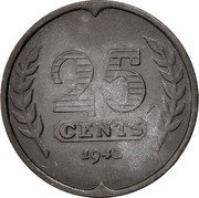 Netherlands 25 Cents Wilhelmina I 1943 KM# 174 25 CENTS 1942 coin reverse Netherlands 25 Cents Wilhelmina I 1943 KM# 174 25 CENTS 1942 coin reverse