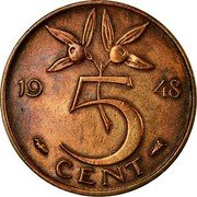 Netherlands 5 Cent Wilhelmina 1948 KM# 176 5 CENT 1948 coin reverse
