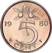 Netherlands 5 Cent Juliana 1980 cock and star privy mark KM# 181 19 80 5 CENT coin reverse Netherlands 5 Cent Juliana 1980 cock and star privy mark KM# 181 19 80 5 CENT coin reverse