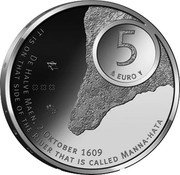 Netherlands 5 Euro Beatrix Manhattan 2009 Proof KM# 284 20 5 09 VIJF EURO DE HALVE MAEN, 2 OKTOBER 1609 IT IS ON THAT SIDE OF THE RIUER THAT IS CALLED MANNA-HATA coin reverse Netherlands 5 Euro Beatrix Manhattan 2009 Proof KM# 284 20 5 09 VIJF EURO DE HALVE MAEN, 2 OKTOBER 1609 IT IS ON THAT SIDE OF THE RIUER THAT IS CALLED MANNA-HATA coin reverse
