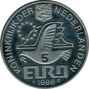 Netherlands 5 euro (500 Years of Barentsz Wintering in Nova Zembla.) X# 121 1996 5 EURO KONINKRIJK DER NEDERLANDEN coin obverse Netherlands 5 euro (500 Years of Barentsz Wintering in Nova Zembla.) X# 121 1996 5 EURO KONINKRIJK DER NEDERLANDEN coin obverse