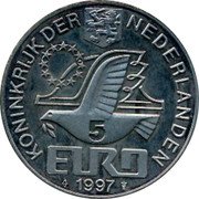 Netherlands 5 euro Pieter Cornelisz Hooft. 1997 X# 132 KONINKRIJK DER NEDERLANDEN 5 EURO 1997 coin obverse Netherlands 5 euro Pieter Cornelisz Hooft. 1997 X# 132 KONINKRIJK DER NEDERLANDEN 5 EURO 1997 coin obverse
