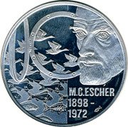 Netherlands 50 euro (100th Anniversary birthdate M.C. Escher.) X# 153 M C ESCHER 1898 1972 coin obverse