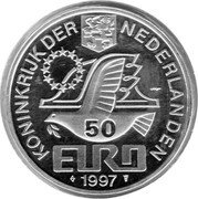 Netherlands 50 Euro (450th Anniversary of Statesman Johan van Oldenbarnevelt) X# 141 KONINKRIJK DER NEDERLANDEN 50 EURO 1997 coin obverse