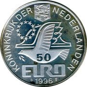 Netherlands 50 euro (500 Years of Barentsz Wintering in Nova Zembla.) X# 124 1996 50 EURO KONINKRIJK DER NEDERLANDEN coin obverse