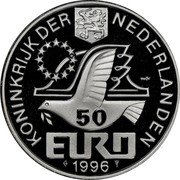 Netherlands 50 euro 500 Years of Constantijn Huygens. 1996 Proof X# 129 1996 50 EURO KONINKRIJK DER NEDERLANDEN coin obverse