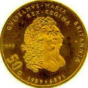 Netherlands 50 Guldens 300th anniversary William and Mary 1988 KM# 212a 50 G 1989 1689 GVLIELMVS- MARIA BRITANNIE REX REGINA 1988 coin reverse