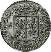 Netherlands 6 Stuivers Crowned Arms of Gelderland 1705 Knight on horse KM# 77a MO ARG ORD DVC GEL ET C Z 6 S coin obverse Netherlands 6 Stuivers Crowned Arms of Gelderland 1705 Knight on horse KM# 77a MO ARG ORD DVC GEL ET C Z 6 S coin obverse