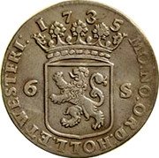 Netherlands 6 Stuivers Scheepjesschelling 1735 KM# 45 MO NO ORD HOLL ET WESTFRI 1735 6S coin obverse Netherlands 6 Stuivers Scheepjesschelling 1735 KM# 45 MO NO ORD HOLL ET WESTFRI 1735 6S coin obverse