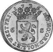 Netherlands 6 Stuivers Scheepjesschelling 1736 Turnip KM# 102.2 MO NO ORDIN WESTFRI 1736 6 S coin obverse Netherlands 6 Stuivers Scheepjesschelling 1736 Turnip KM# 102.2 MO NO ORDIN WESTFRI 1736 6 S coin obverse