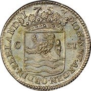 Netherlands 6 Stuivers (Scheepjesschelling) Sailing Ship 1753 KM# 90a MON NOV ARGEN ORDIN ZEELAND 1753 6 ST coin obverse Netherlands 6 Stuivers (Scheepjesschelling) Sailing Ship 1753 KM# 90a MON NOV ARGEN ORDIN ZEELAND 1753 6 ST coin obverse