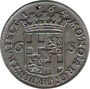 Netherlands 6 Stuivers Scheepjesschelling 1764 KM# 101.1 MO NO AR ORDIN TRAIECT 1764 6S coin obverse Netherlands 6 Stuivers Scheepjesschelling 1764 KM# 101.1 MO NO AR ORDIN TRAIECT 1764 6S coin obverse